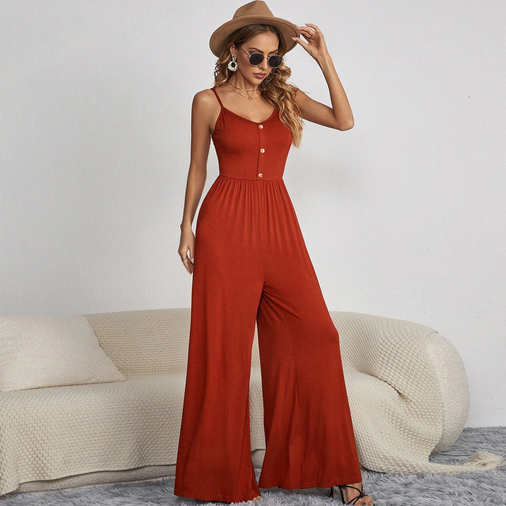 Women Red Color Spaghettie Strap Causal Jump Suit
