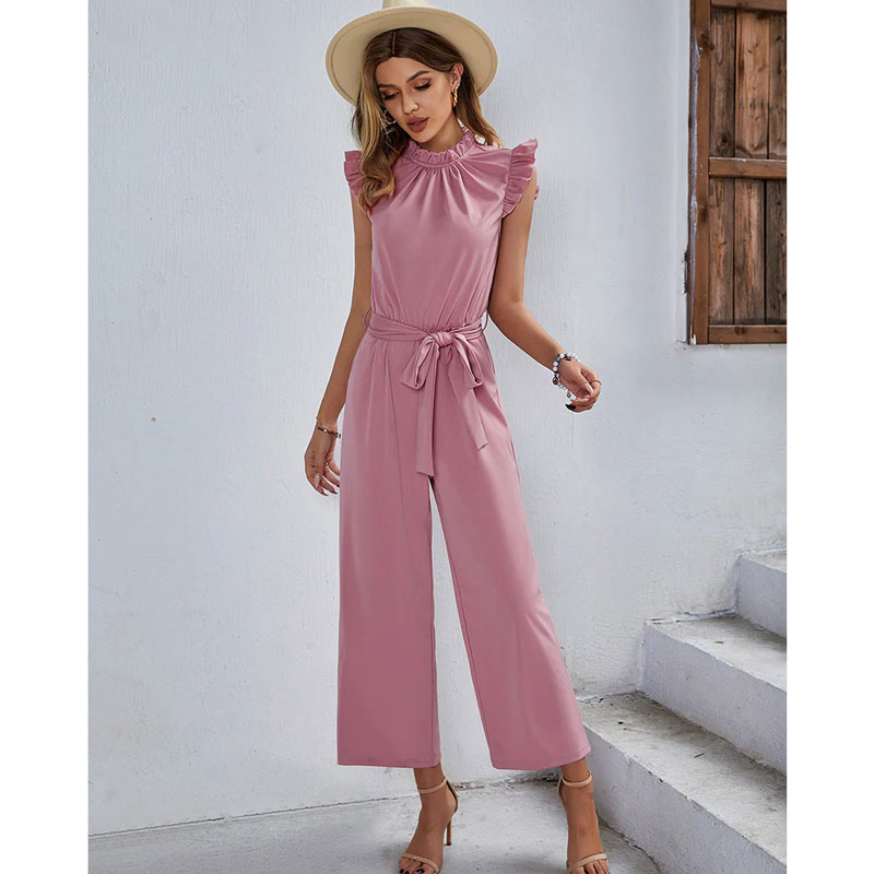 Women Fly Sleeve Pleated Round Neck Jumpsuit